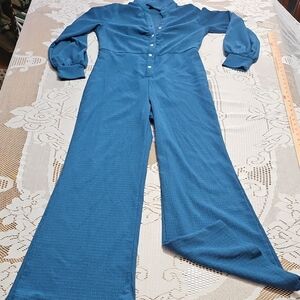 Cider Wide Leg Blue Button-Up Jumpsuit